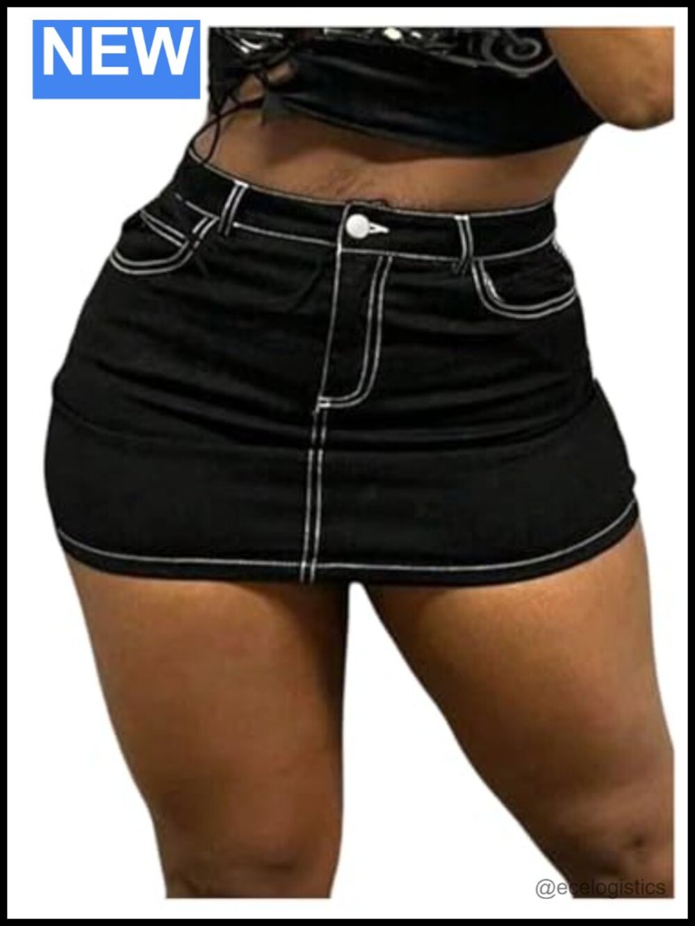 High Waisted Bodycon Denim Mini Skirt Streetwear Contrast Trim Zip